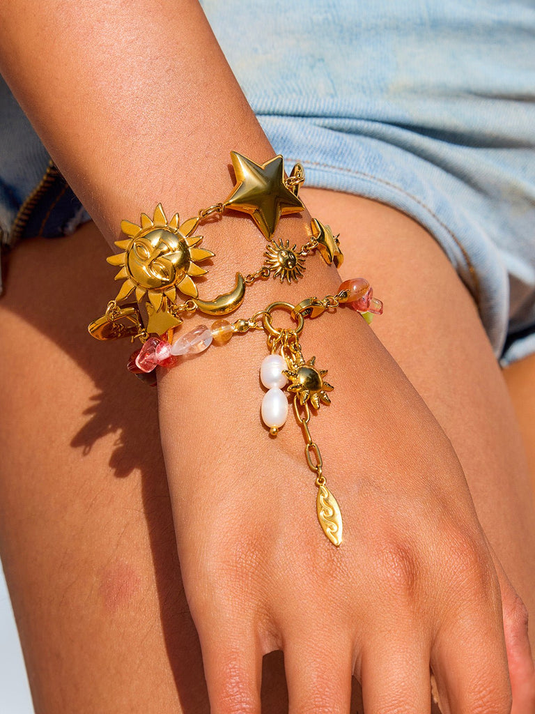Bracelet soleil doré en acier inoxydable, pierres colorées, perles d'eau douce, chaîne réglable, modèle Nour - Boucles d'oreilles - Multicolore