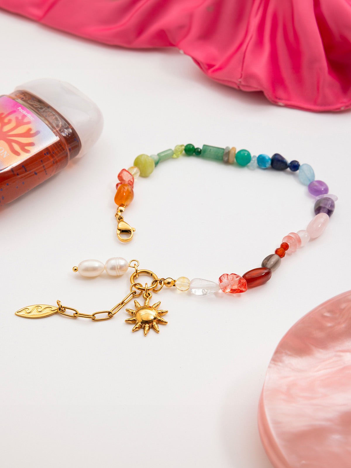 Bracelet soleil doré en acier inoxydable, pierres colorées, perles d'eau douce, chaîne réglable, modèle Nour - Boucles d'oreilles - Multicolore