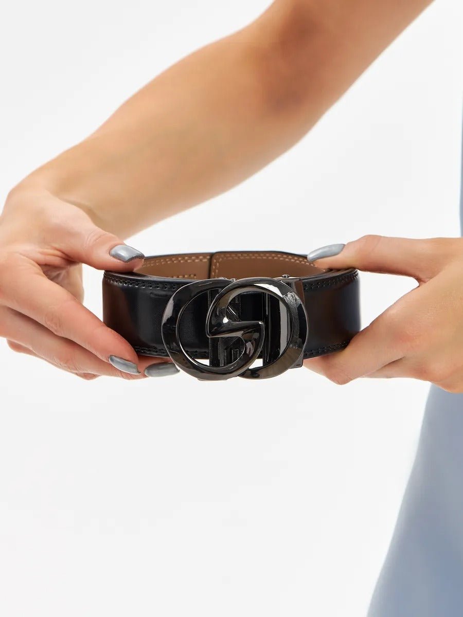 Ceinture en cuir femme, boucle automatique métal, boucle double G, largeur 3.5 cm, style classique moderne, modèle Gala - Ceinture - Noire S