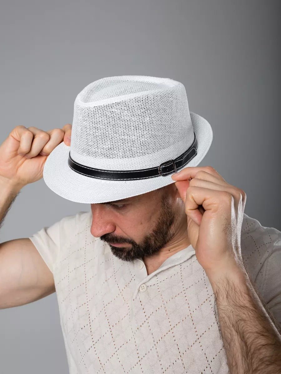 Chapeau de paille été, blanc, style fedora, orné d'une ceinture noire, anti UV respirant, modèle Alberto - Chapeau de paille - Blanc