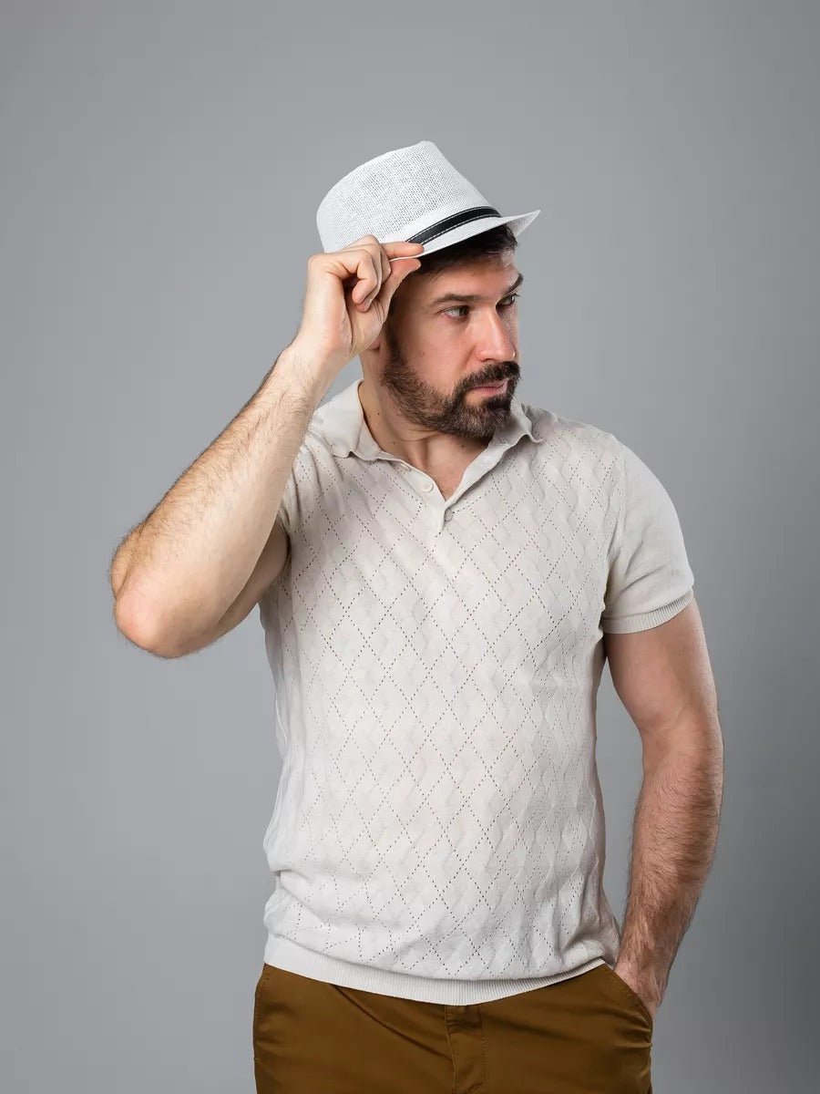 Chapeau de paille été, blanc, style fedora, orné d'une ceinture noire, anti UV respirant, modèle Alberto - Chapeau de paille - Blanc