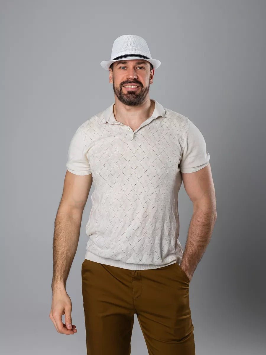 Chapeau de paille été, blanc, style fedora, orné d'une ceinture noire, anti UV respirant, modèle Alberto - Chapeau de paille - Blanc