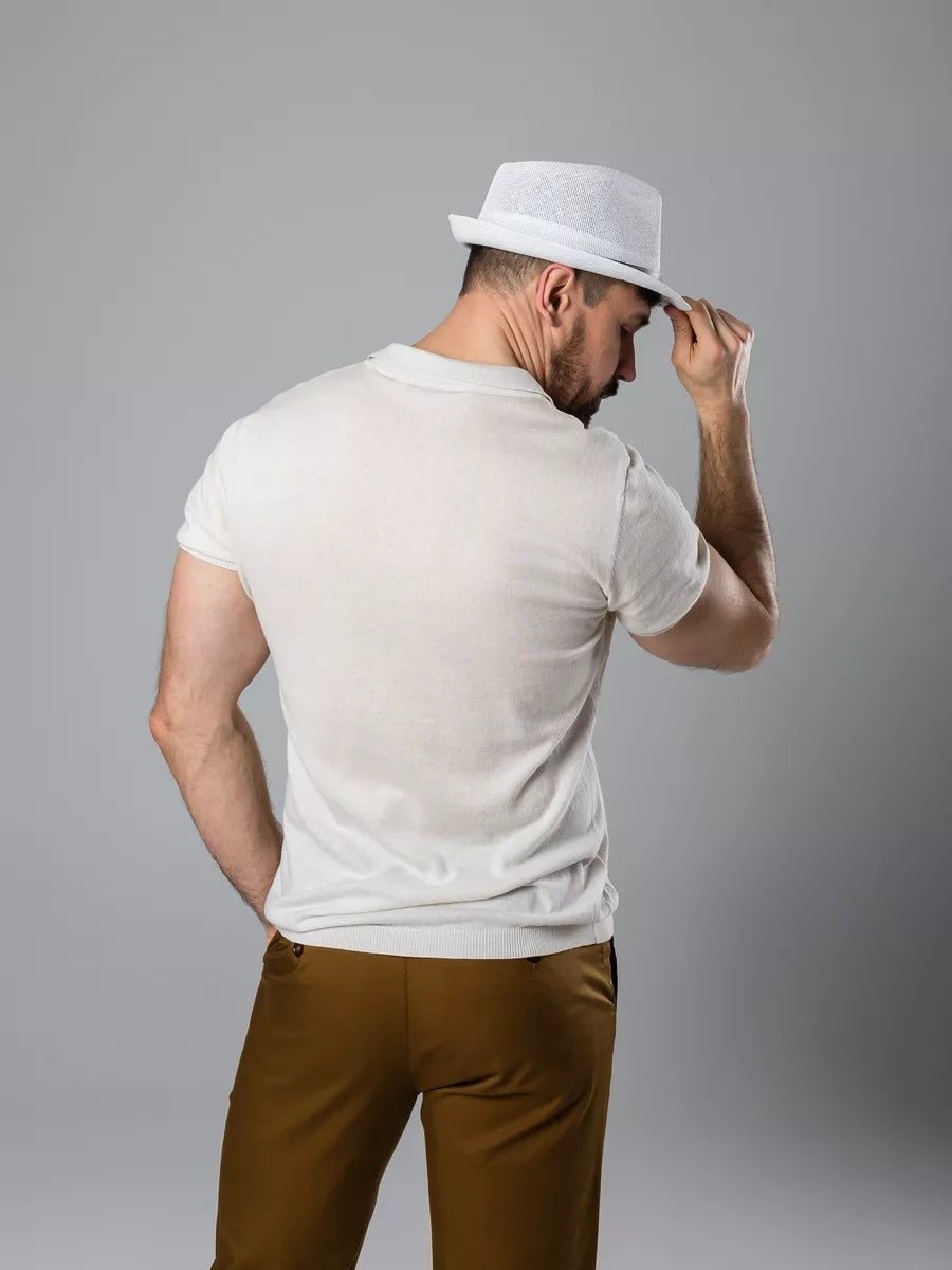 Chapeau de paille été, blanc, style fedora, orné d'une ceinture noire, anti UV respirant, modèle Alberto - Chapeau de paille - Blanc