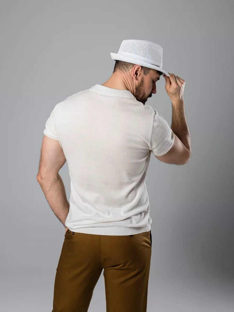 Chapeau de paille été, blanc, style fedora, orné d'une ceinture noire, anti UV respirant, modèle Alberto - Chapeau de paille - Blanc