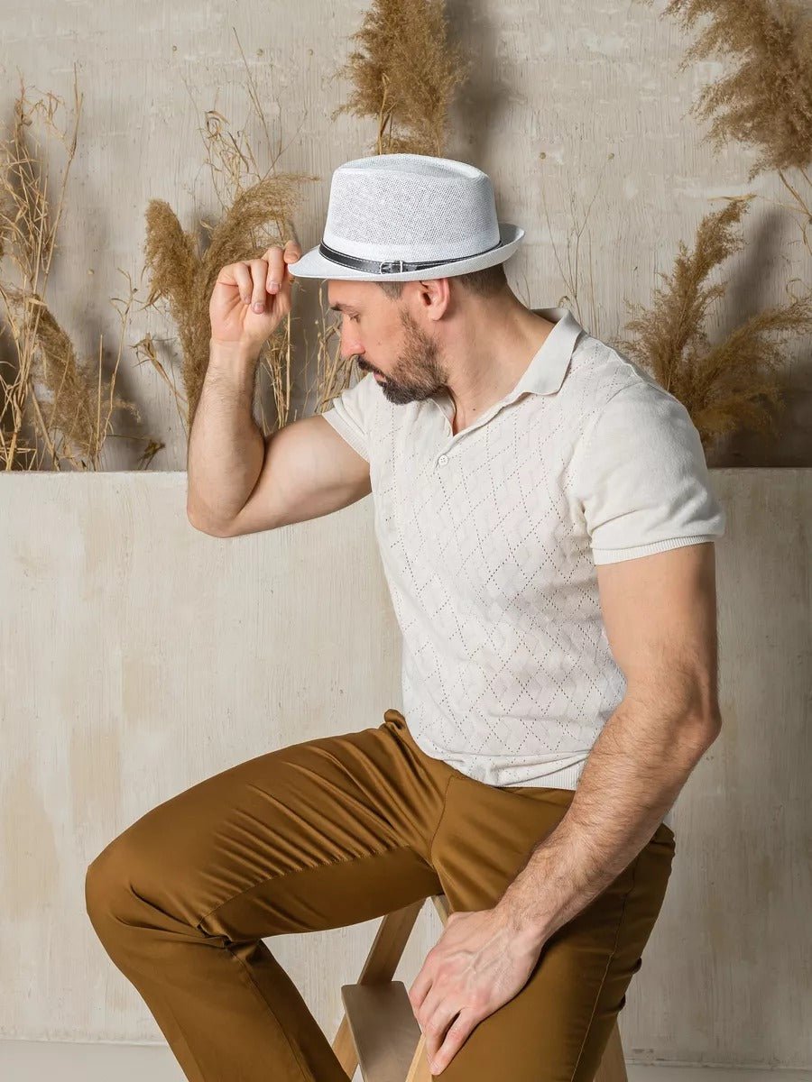 Chapeau de paille été, blanc, style fedora, orné d'une ceinture noire, anti UV respirant, modèle Alberto - Chapeau de paille - Blanc