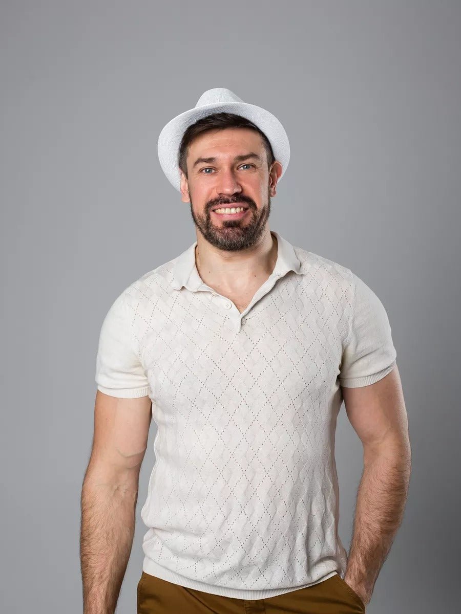 Chapeau de paille été, blanc, style fedora, orné d'une ceinture noire, anti UV respirant, modèle Alberto - Chapeau de paille - Blanc