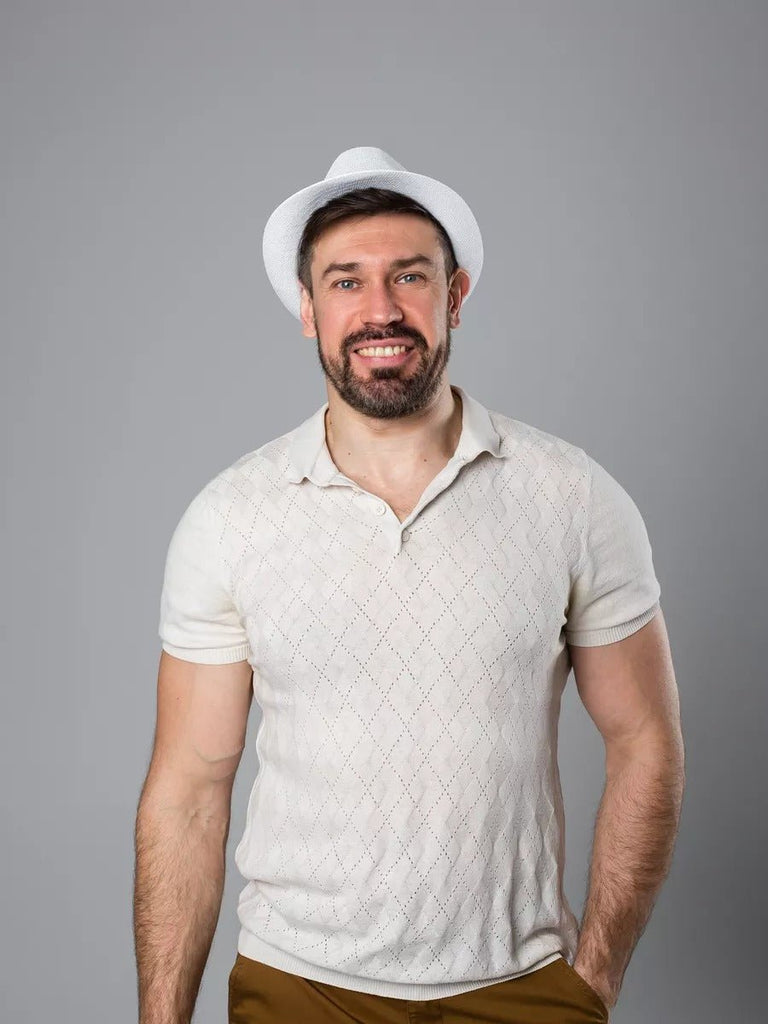 Chapeau de paille été, blanc, style fedora, orné d'une ceinture noire, anti UV respirant, modèle Alberto - Chapeau de paille - Blanc