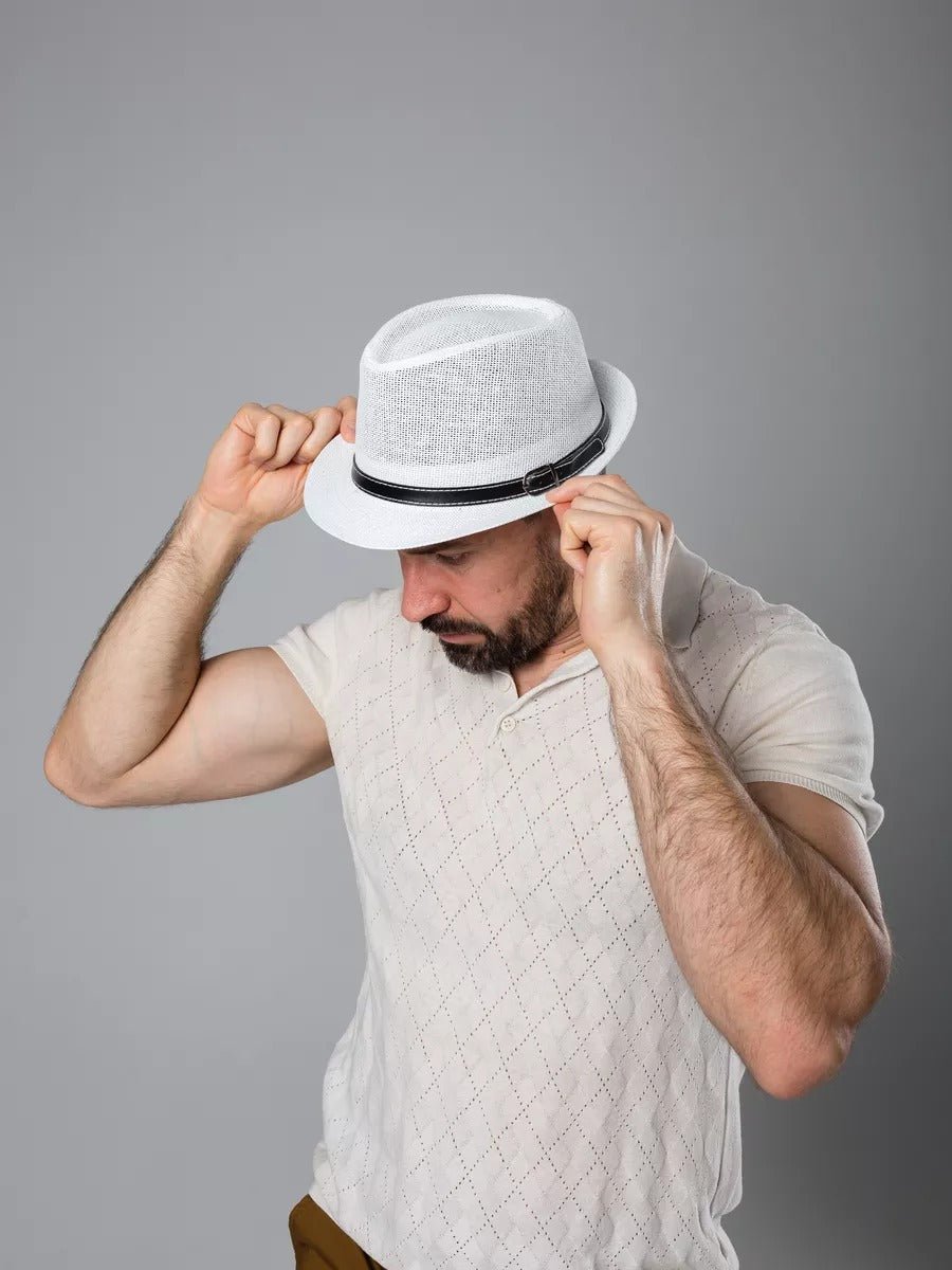 Chapeau de paille été, blanc, style fedora, orné d'une ceinture noire, anti UV respirant, modèle Alberto - Chapeau de paille - Blanc