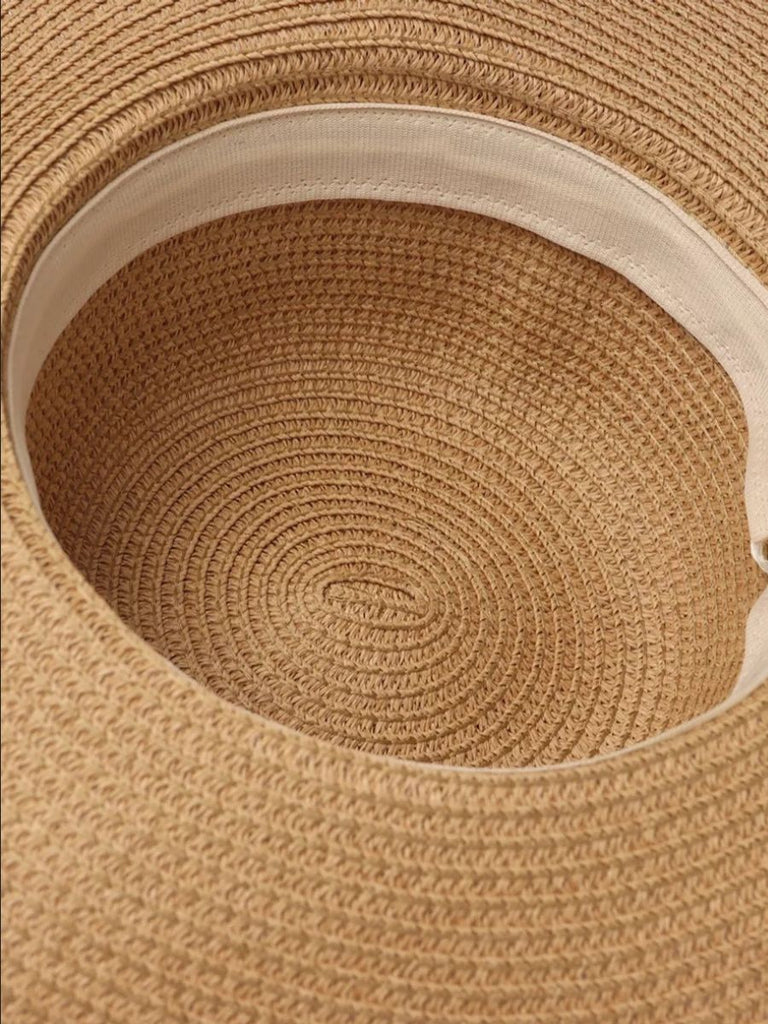 Chapeau de paille femme, bord large, protection solaire, idéal plage et été, bande ruban léopard, modèle Solène - Chapeau de paille - Camel