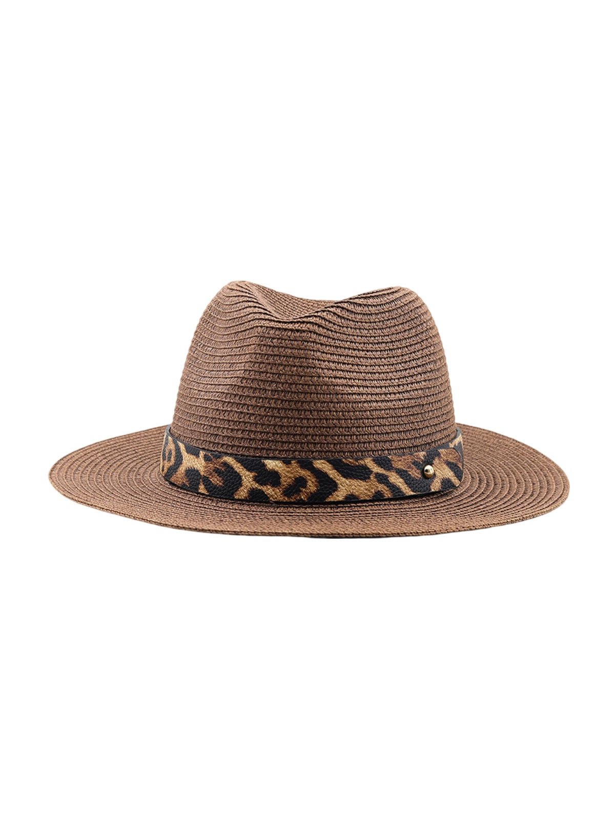 Chapeau de paille femme, bord large, protection solaire, idéal plage et été, bande ruban léopard, modèle Solène - Chapeau de paille - Marron