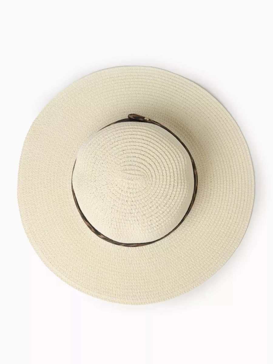 Chapeau de paille femme, bord large, protection solaire, idéal plage et été, bande ruban léopard, modèle Solène - Chapeau de paille - Blanc crème