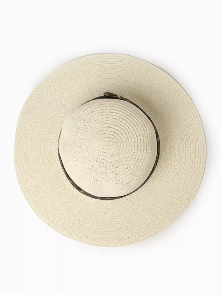 Chapeau de paille femme, bord large, protection solaire, idéal plage et été, bande ruban léopard, modèle Solène - Chapeau de paille - Blanc crème