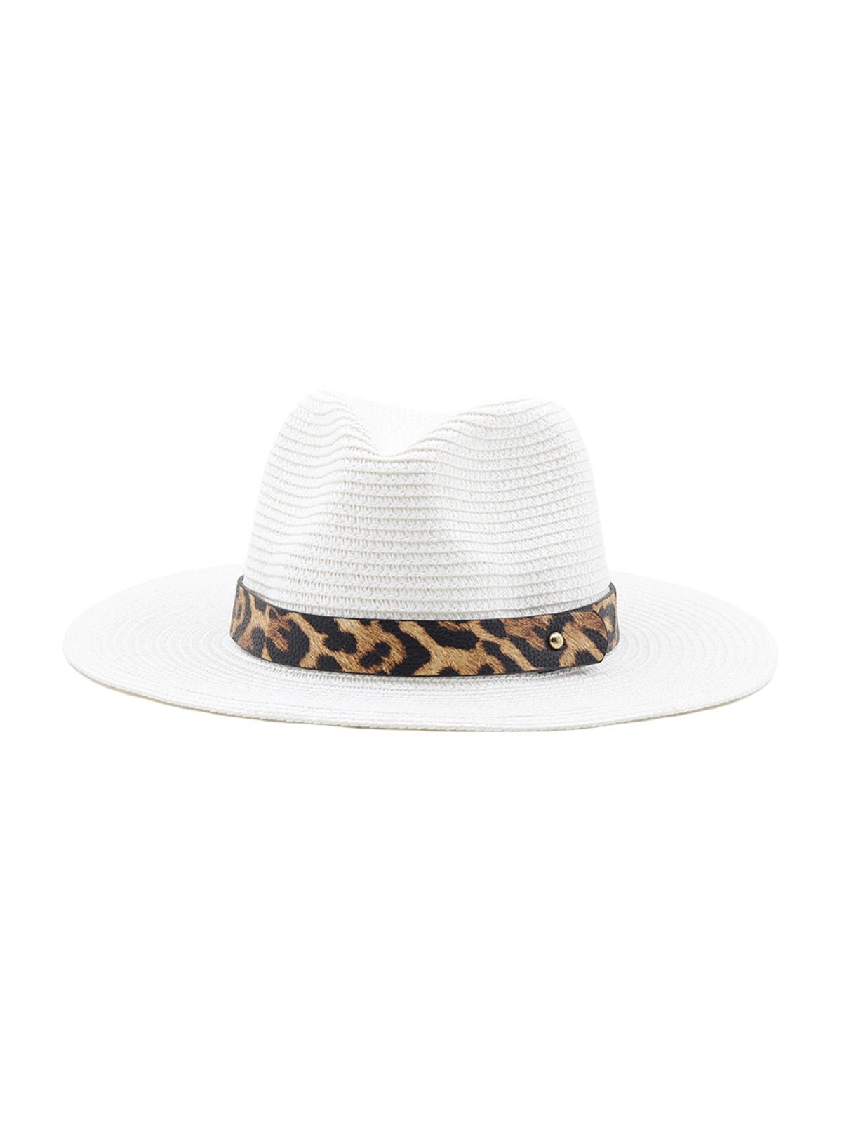 Chapeau de paille femme, bord large, protection solaire, idéal plage et été, bande ruban léopard, modèle Solène - Chapeau de paille - Blanc