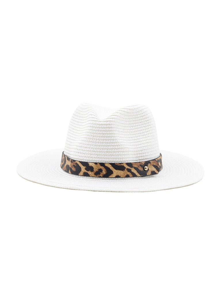 Chapeau de paille femme, bord large, protection solaire, idéal plage et été, bande ruban léopard, modèle Solène - Chapeau de paille - Blanc