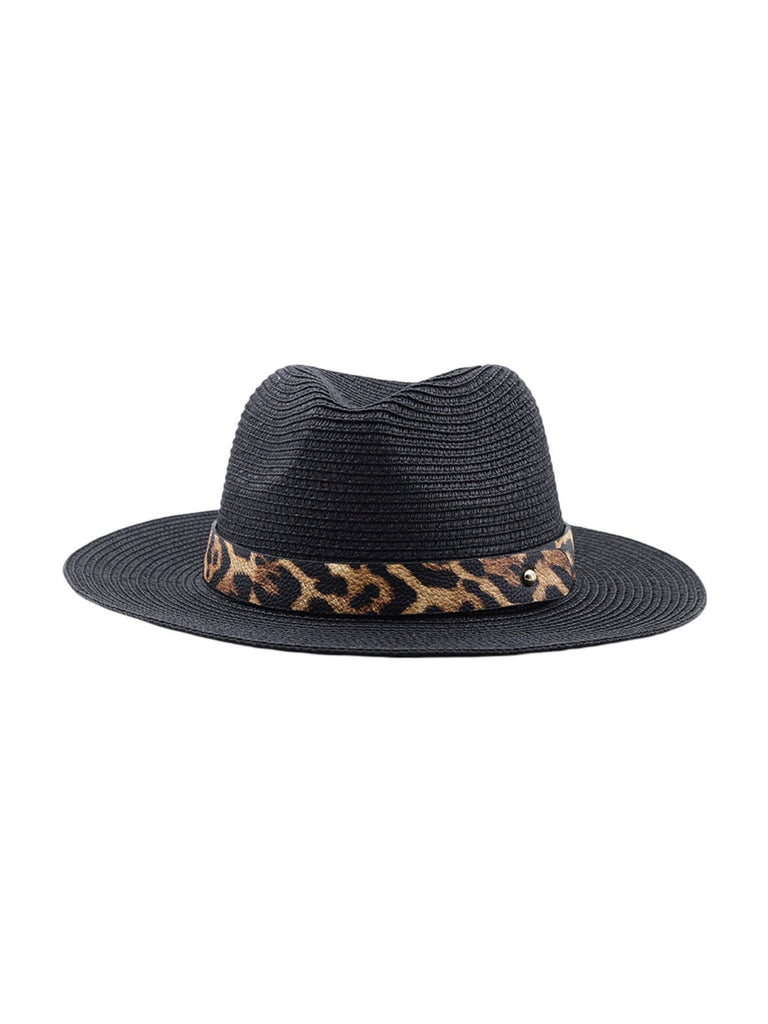 Chapeau de paille femme, bord large, protection solaire, idéal plage et été, bande ruban léopard, modèle Solène - Chapeau de paille - Noir
