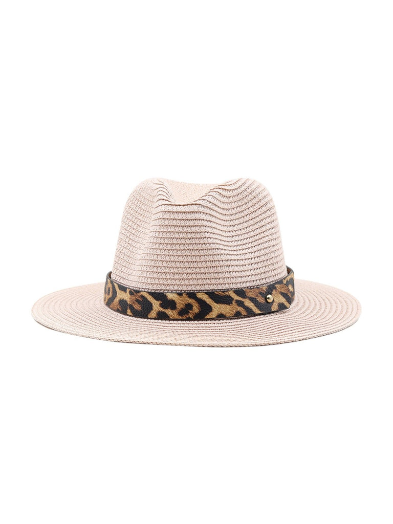 Chapeau de paille femme, bord large, protection solaire, idéal plage et été, bande ruban léopard, modèle Solène - Chapeau de paille - Rose