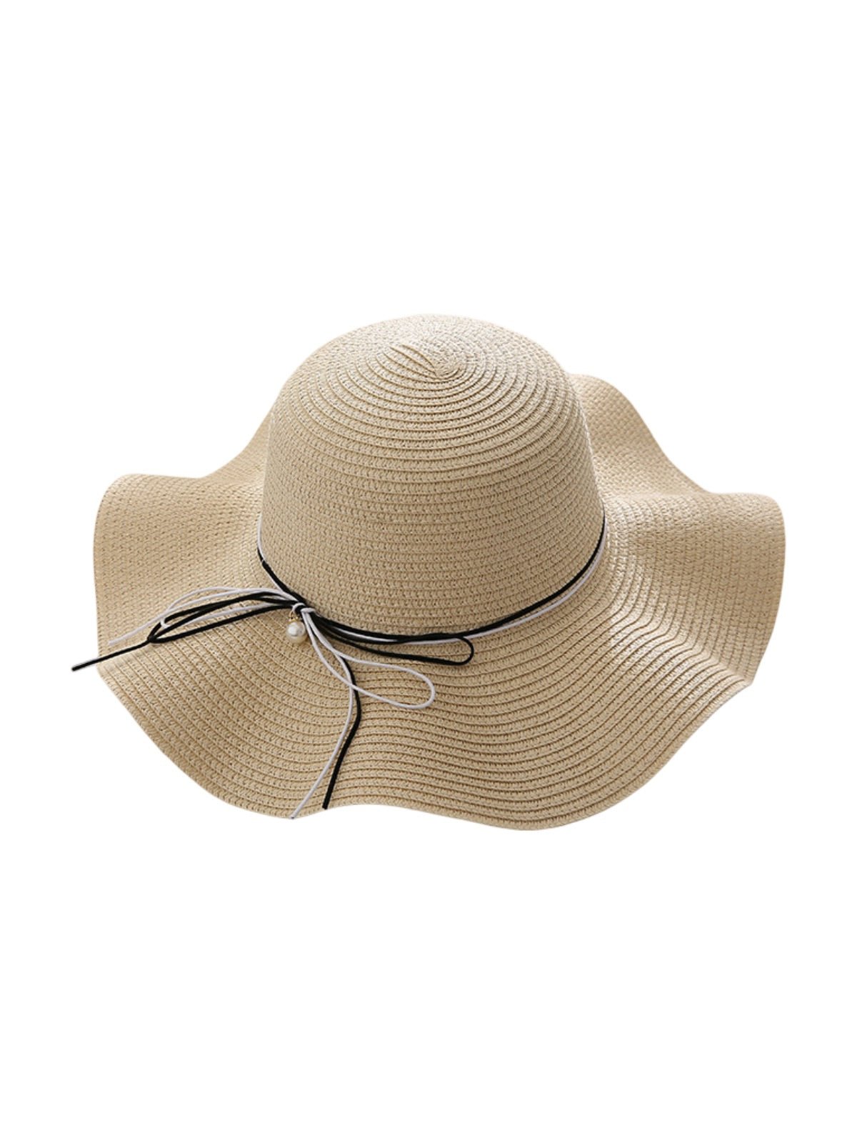 Chapeau de paille femme, large bord, protection solaire, ruban et perle décoratif, idéal pour été et plage, modèle Morgane - Chapeau de paille - Beige