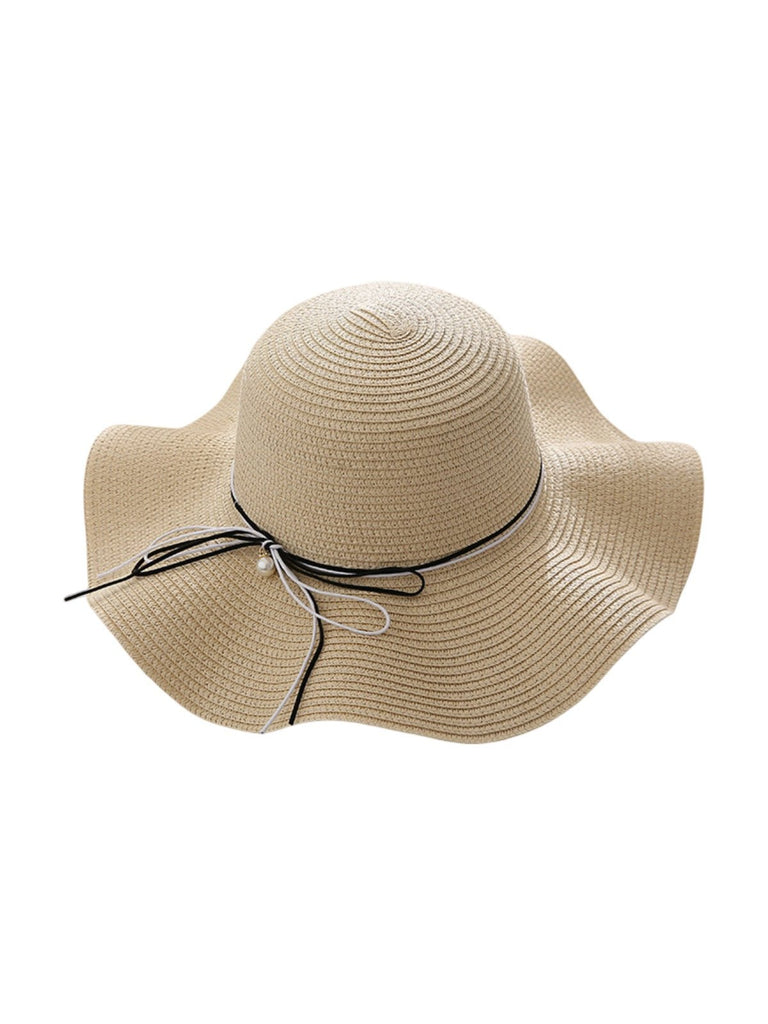 Chapeau de paille femme, large bord, protection solaire, ruban et perle décoratif, idéal pour été et plage, modèle Morgane - Chapeau de paille - Beige