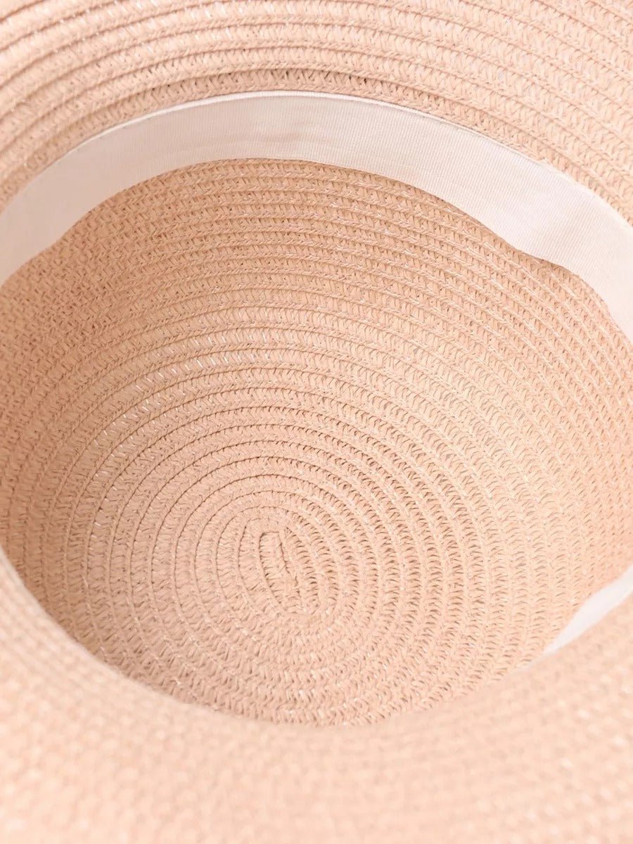 Chapeau de paille femme, large bord, protection solaire, ruban et perle décoratif, idéal pour été et plage, modèle Morgane - Chapeau de paille - Rose