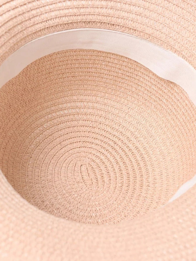 Chapeau de paille femme, large bord, protection solaire, ruban et perle décoratif, idéal pour été et plage, modèle Morgane - Chapeau de paille - Rose