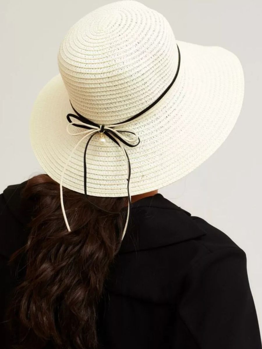 Chapeau de paille femme, large bord, protection solaire, ruban et perle décoratif, idéal pour été et plage, modèle Morgane - Chapeau de paille - Blanc