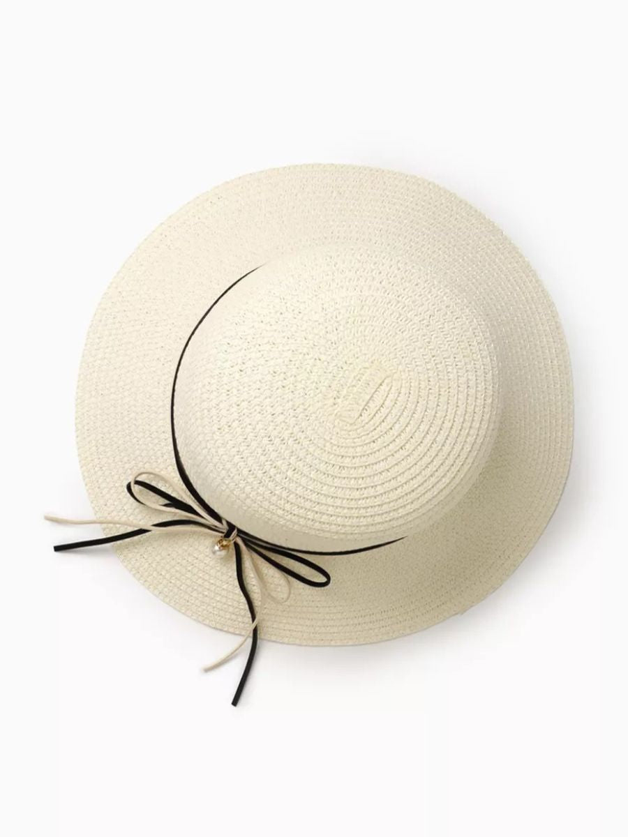 Chapeau de paille femme, large bord, protection solaire, ruban et perle décoratif, idéal pour été et plage, modèle Morgane - Chapeau de paille - Blanc