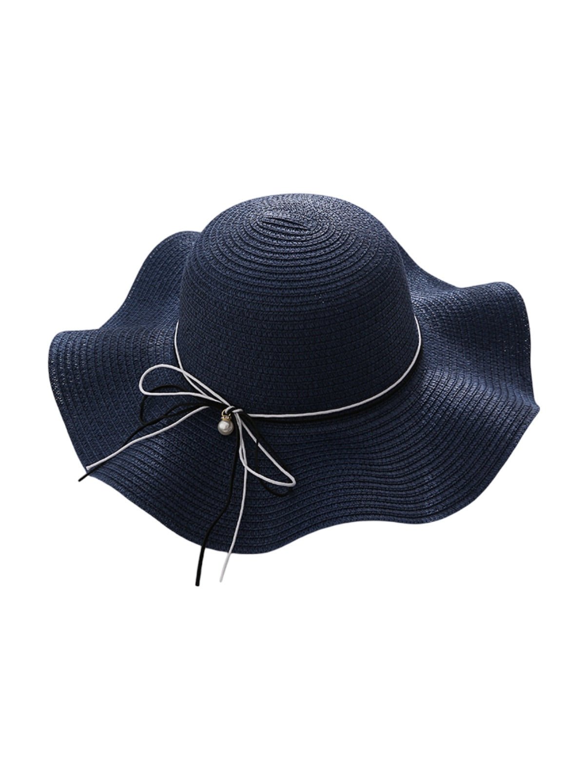 Chapeau de paille femme, large bord, protection solaire, ruban et perle décoratif, idéal pour été et plage, modèle Morgane - Chapeau de paille - Bleu marine