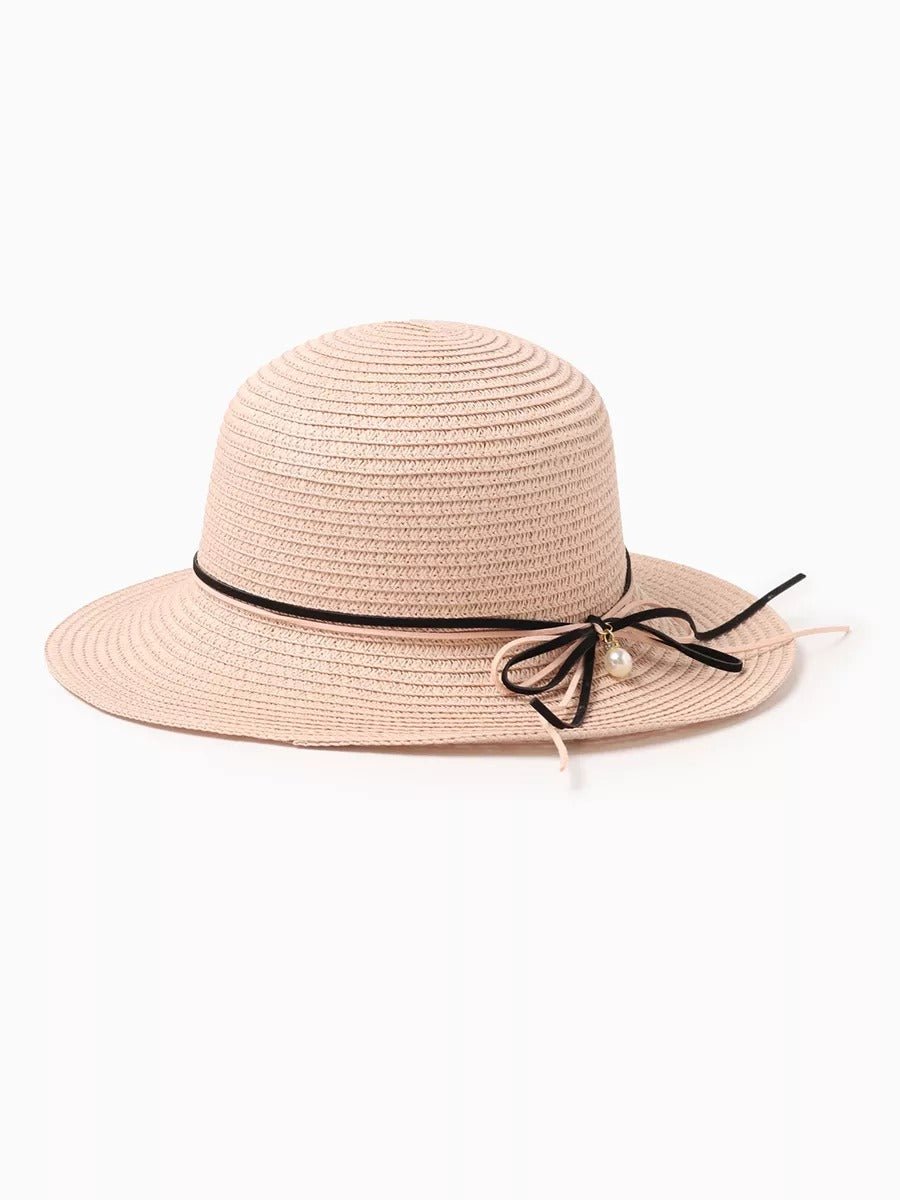 Chapeau de paille femme, large bord, protection solaire, ruban et perle décoratif, idéal pour été et plage, modèle Morgane - Chapeau de paille - Rose