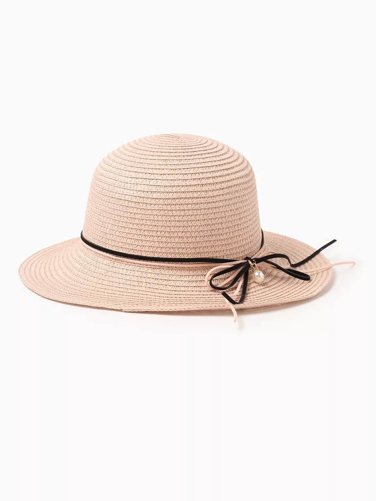 Chapeau de paille femme, large bord, protection solaire, ruban et perle décoratif, idéal pour été et plage, modèle Morgane - Chapeau de paille - Rose
