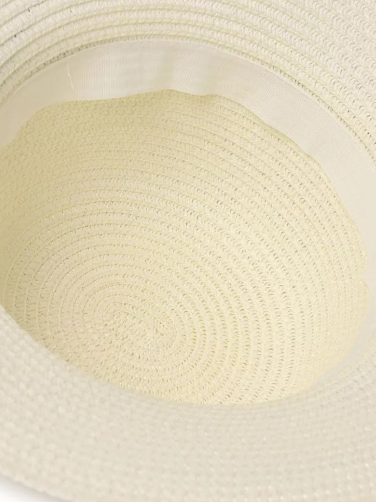 Chapeau de paille femme, large bord, protection solaire, ruban et perle décoratif, idéal pour été et plage, modèle Morgane - Chapeau de paille - Blanc