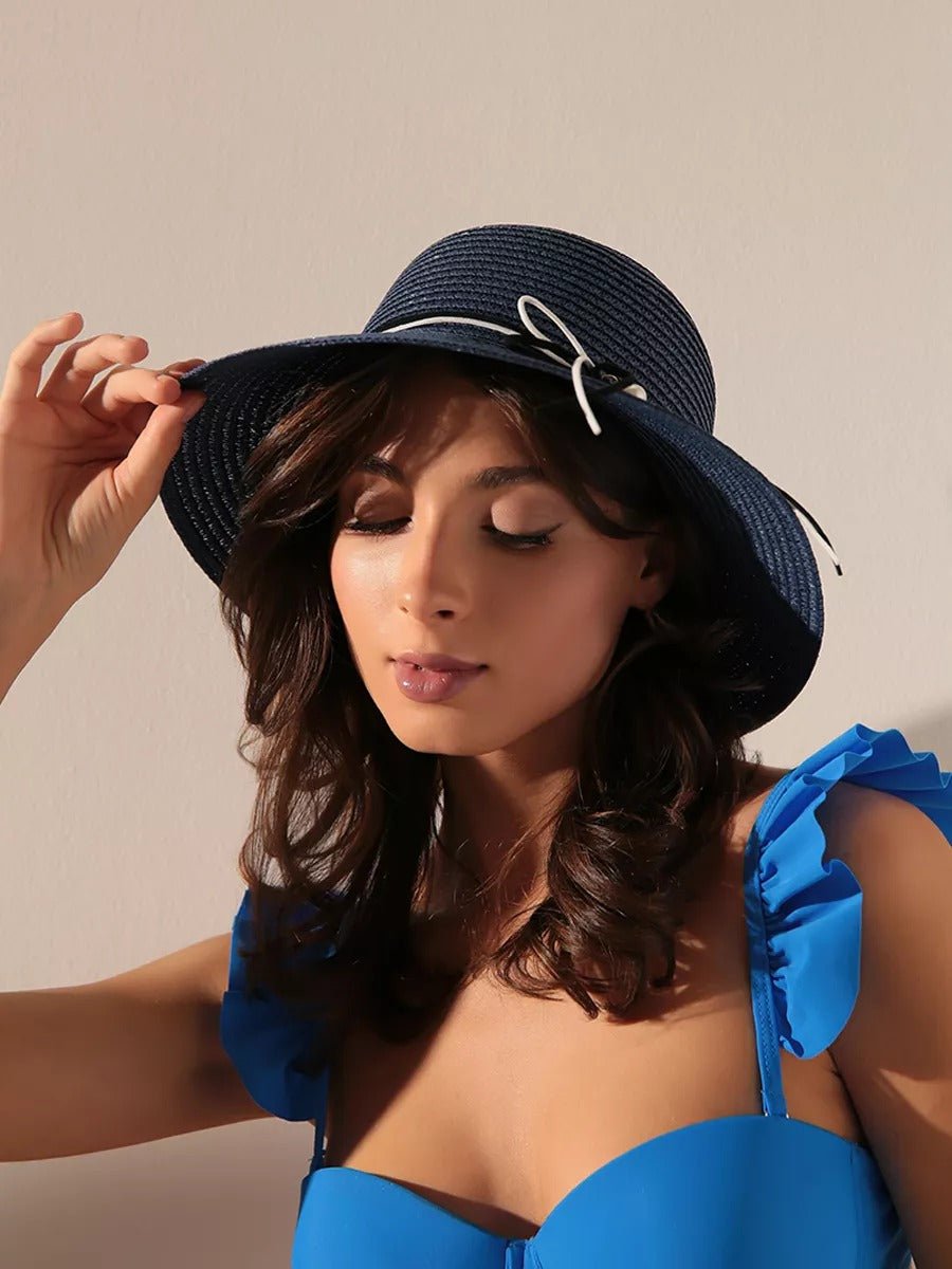 Chapeau de paille femme, large bord, protection solaire, ruban et perle décoratif, idéal pour été et plage, modèle Morgane - Chapeau de paille - Rose