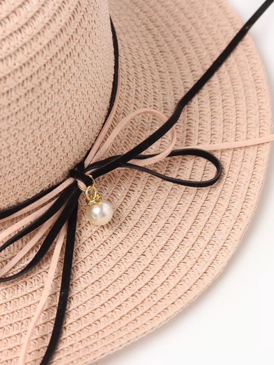 Chapeau de paille femme, large bord, protection solaire, ruban et perle décoratif, idéal pour été et plage, modèle Morgane - Chapeau de paille - Rose