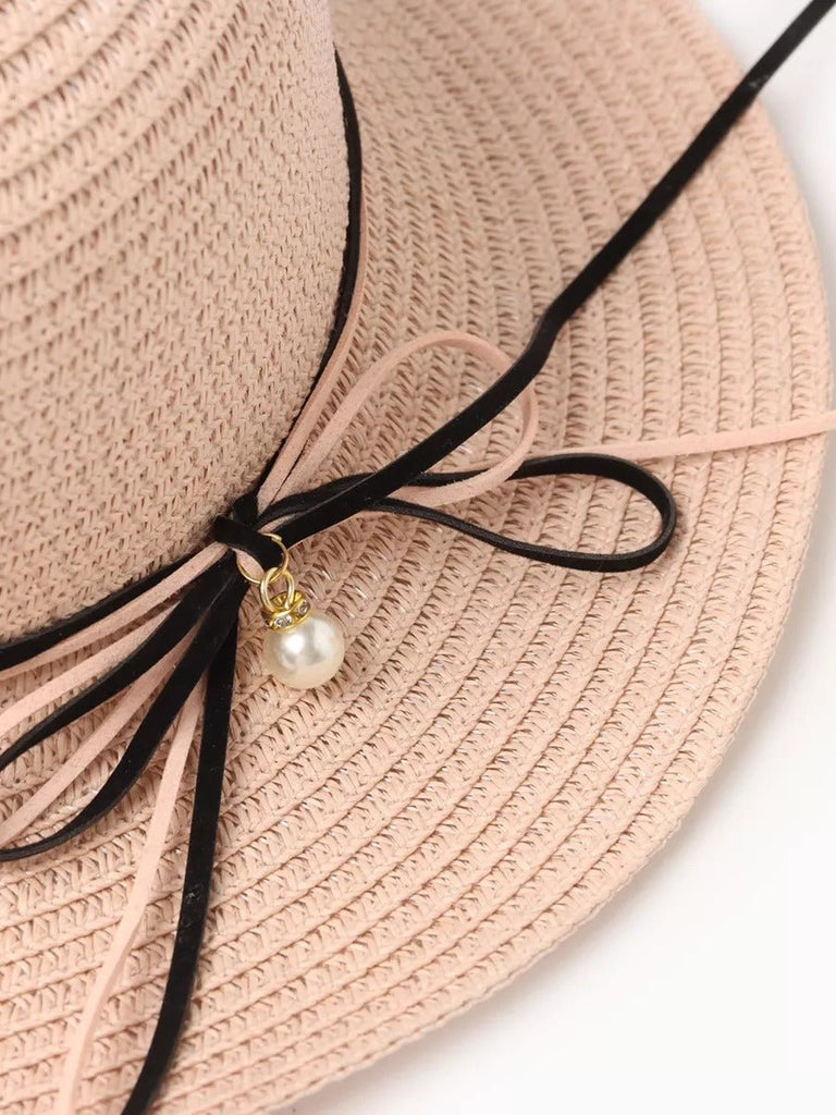 Chapeau de paille femme, large bord, protection solaire, ruban et perle décoratif, idéal pour été et plage, modèle Morgane - Chapeau de paille - Rose