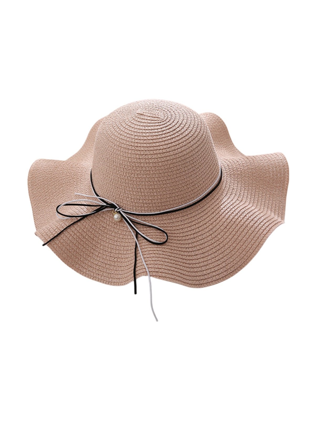 Chapeau de paille femme, large bord, protection solaire, ruban et perle décoratif, idéal pour été et plage, modèle Morgane - Chapeau de paille - Rose