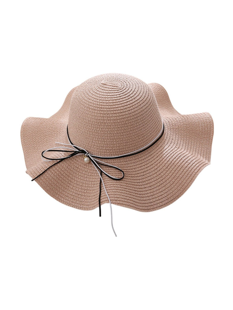 Chapeau de paille femme, large bord, protection solaire, ruban et perle décoratif, idéal pour été et plage, modèle Morgane - Chapeau de paille - Rose