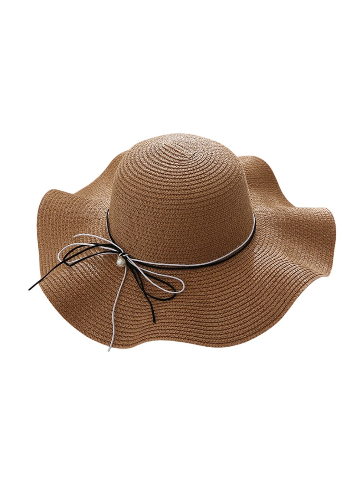 Chapeau de paille femme, large bord, protection solaire, ruban et perle décoratif, idéal pour été et plage, modèle Morgane - Chapeau de paille - Camel