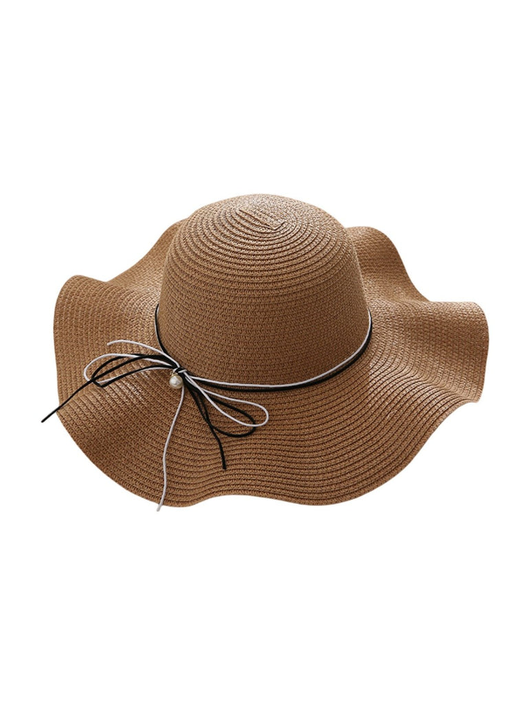 Chapeau de paille femme, large bord, protection solaire, ruban et perle décoratif, idéal pour été et plage, modèle Morgane - Chapeau de paille - Camel
