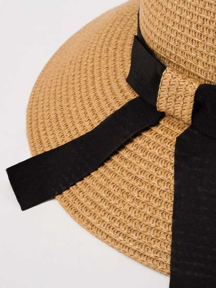 Chapeau de paille panama, femme, large bord, anti UV, à nœud noir, plage été, pliable et respirant, modèle Rachel - Chapeau de paille - Beige