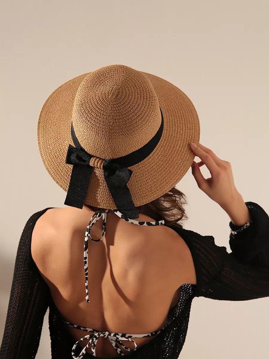 Chapeau de paille panama, femme, large bord, anti UV, à nœud noir, plage été, pliable et respirant, modèle Rachel - Chapeau de paille - Beige