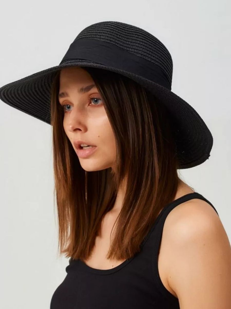 Chapeau de paille panama noir, pour femme, large bord, protection solaire UPF40+, nœud décoratif, été plage, modèle Stella - Chapeau de paille - Noir