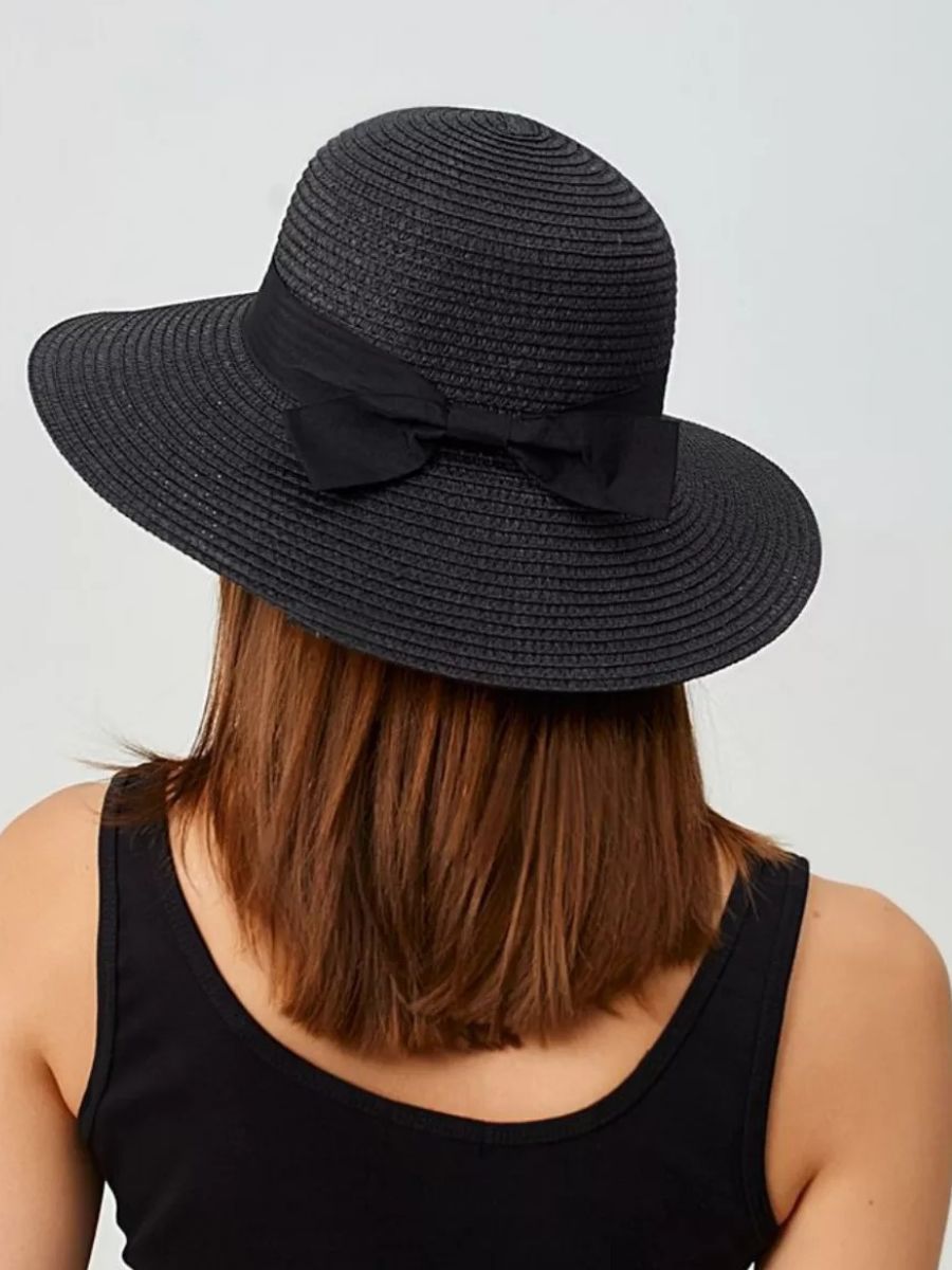 Chapeau de paille panama noir, pour femme, large bord, protection solaire UPF40+, nœud décoratif, été plage, modèle Stella - Chapeau de paille - Noir
