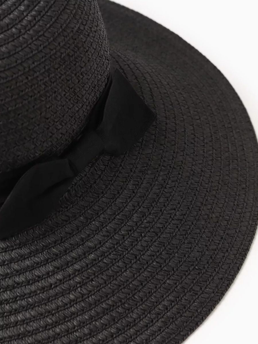 Chapeau de paille panama noir, pour femme, large bord, protection solaire UPF40+, nœud décoratif, été plage, modèle Stella - Chapeau de paille - Noir