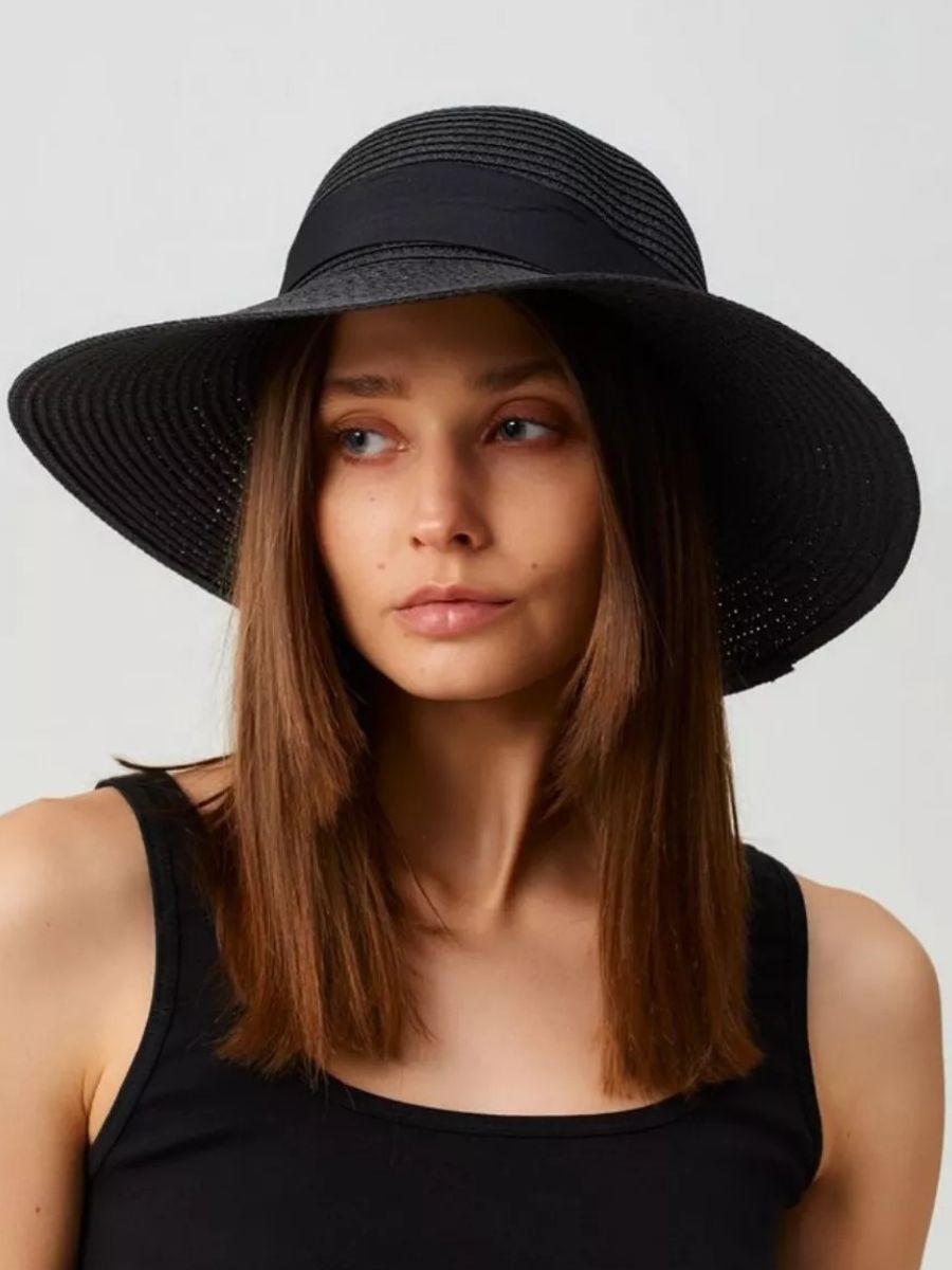 Chapeau de paille panama noir, pour femme, large bord, protection solaire UPF40+, nœud décoratif, été plage, modèle Stella - Chapeau de paille - Noir