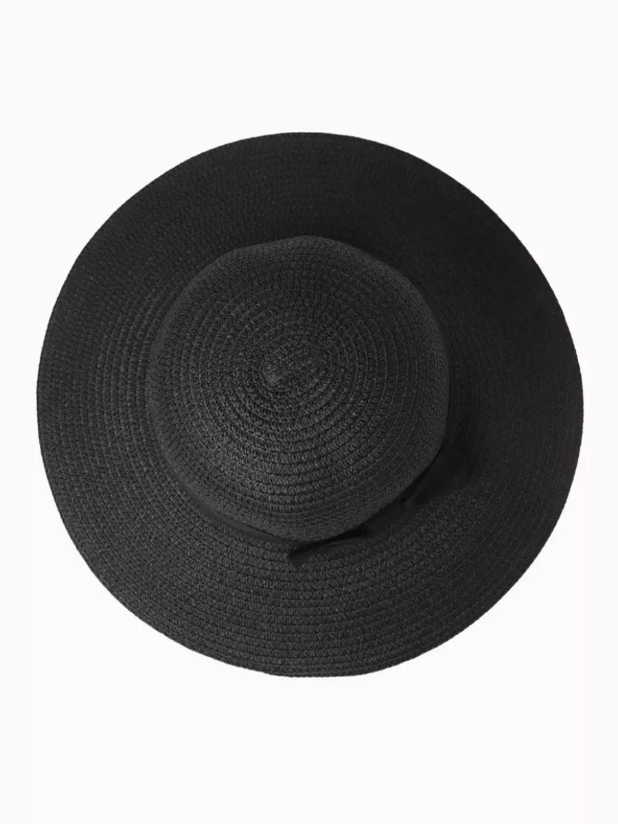 Chapeau de paille panama noir, pour femme, large bord, protection solaire UPF40+, nœud décoratif, été plage, modèle Stella - Chapeau de paille - Noir