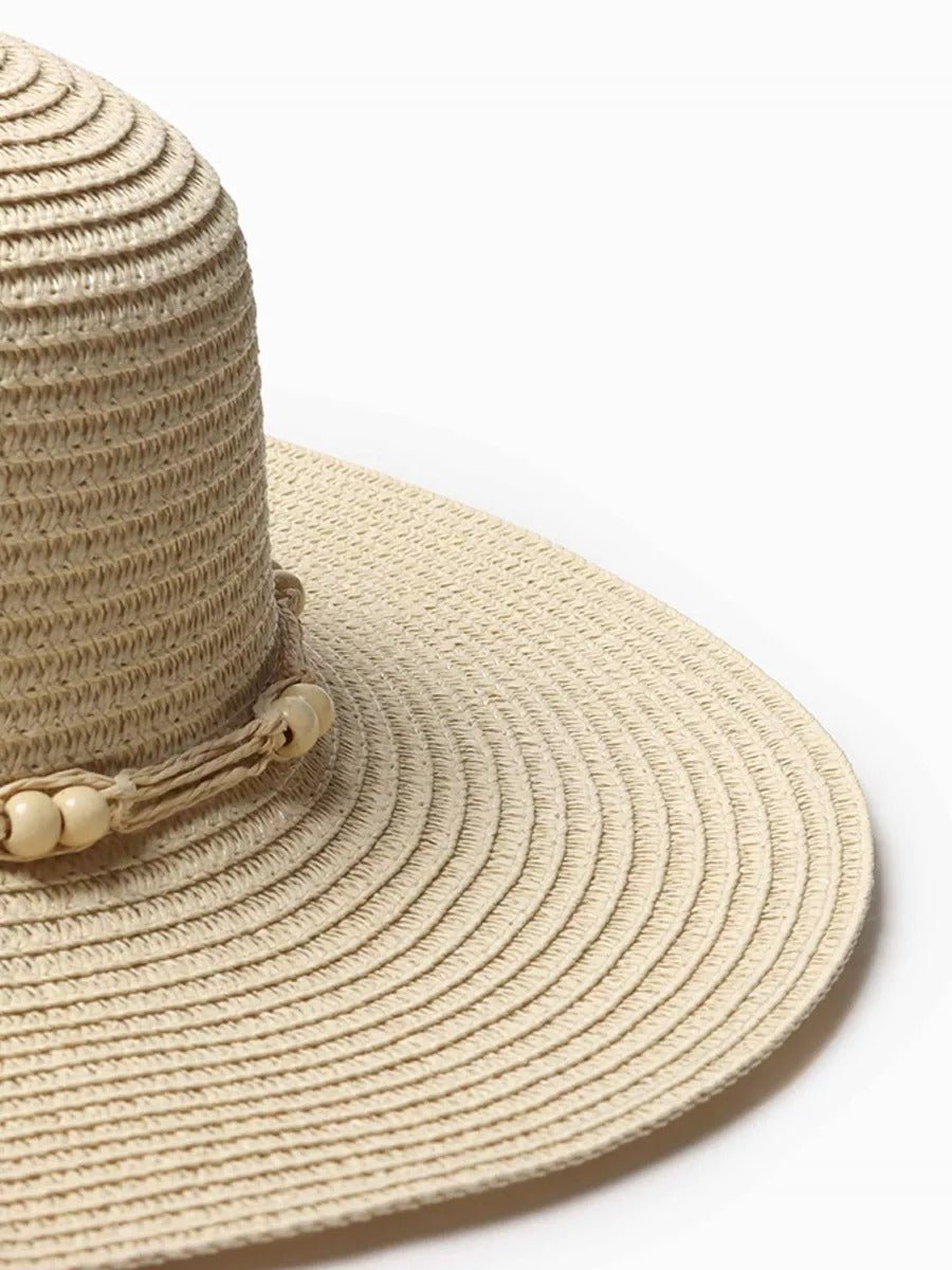Chapeau de paille panama pour femme, été, chapeau de plage à large bord, décor perles, vacances, modèle Natacha - Chapeau de paille - Beige