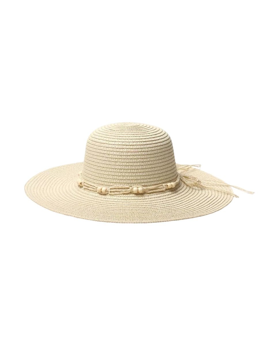 Chapeau de paille panama pour femme, été, chapeau de plage à large bord, décor perles, vacances, modèle Natacha - Chapeau de paille - Beige