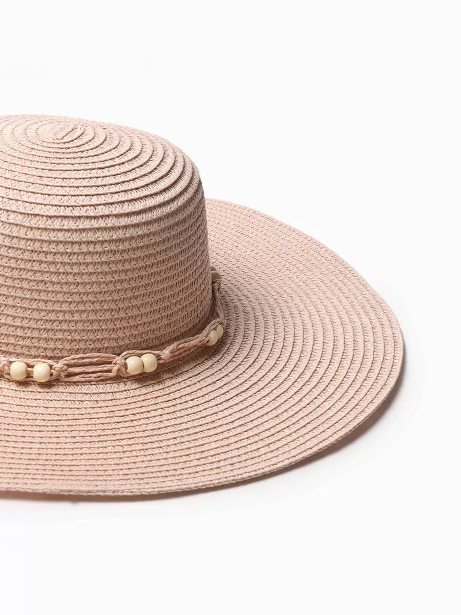 Chapeau de paille panama pour femme, été, chapeau de plage à large bord, décor perles, vacances, modèle Natacha - Chapeau de paille - Rose