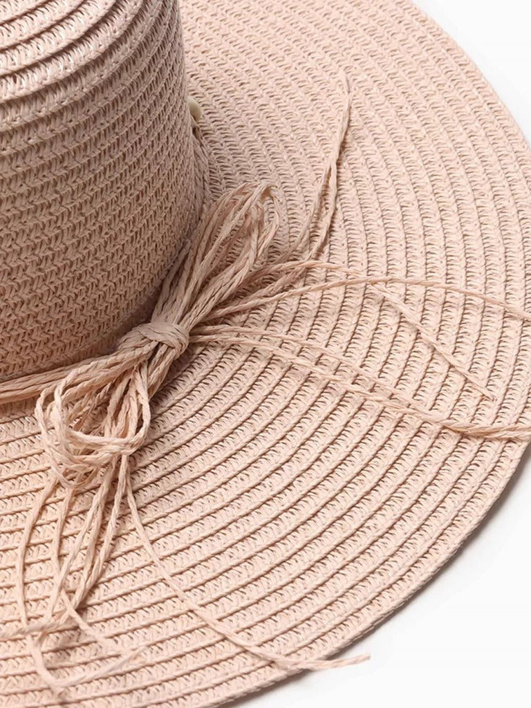 Chapeau de paille panama pour femme, été, chapeau de plage à large bord, décor perles, vacances, modèle Natacha - Chapeau de paille - Rose