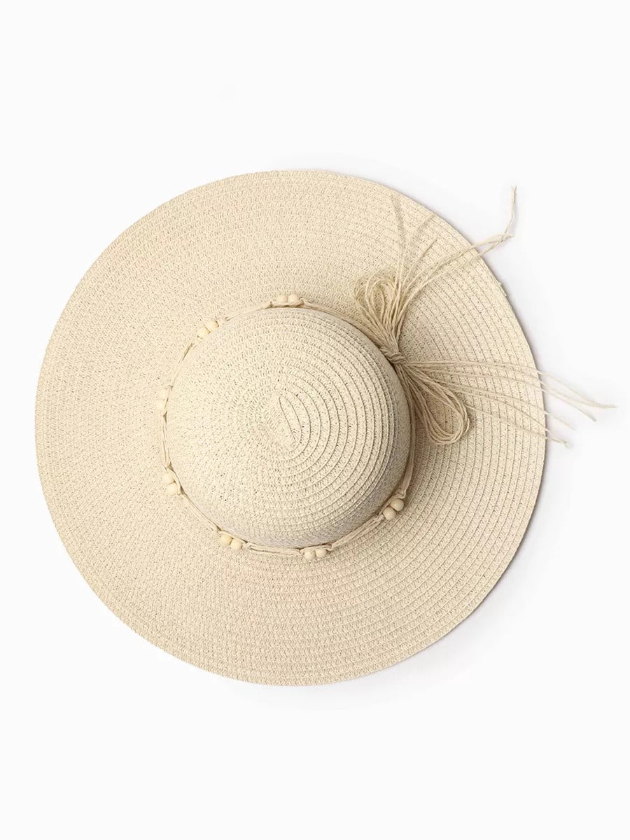 Chapeau de paille panama pour femme, été, chapeau de plage à large bord, décor perles, vacances, modèle Natacha - Chapeau de paille - Beige
