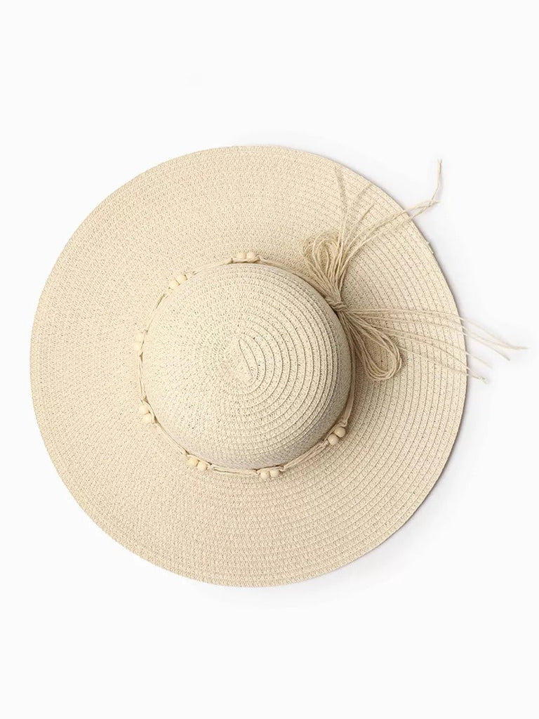 Chapeau de paille panama pour femme, été, chapeau de plage à large bord, décor perles, vacances, modèle Natacha - Chapeau de paille - Beige